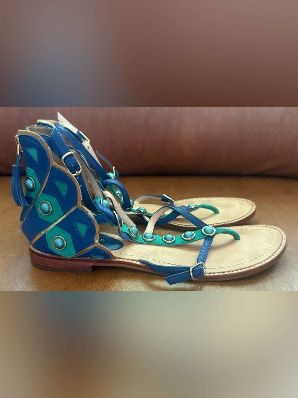 Kate Spade New York Soto Flat Sandals Blue Green Studded Leather Size 7.5 - Picture 6 of 10